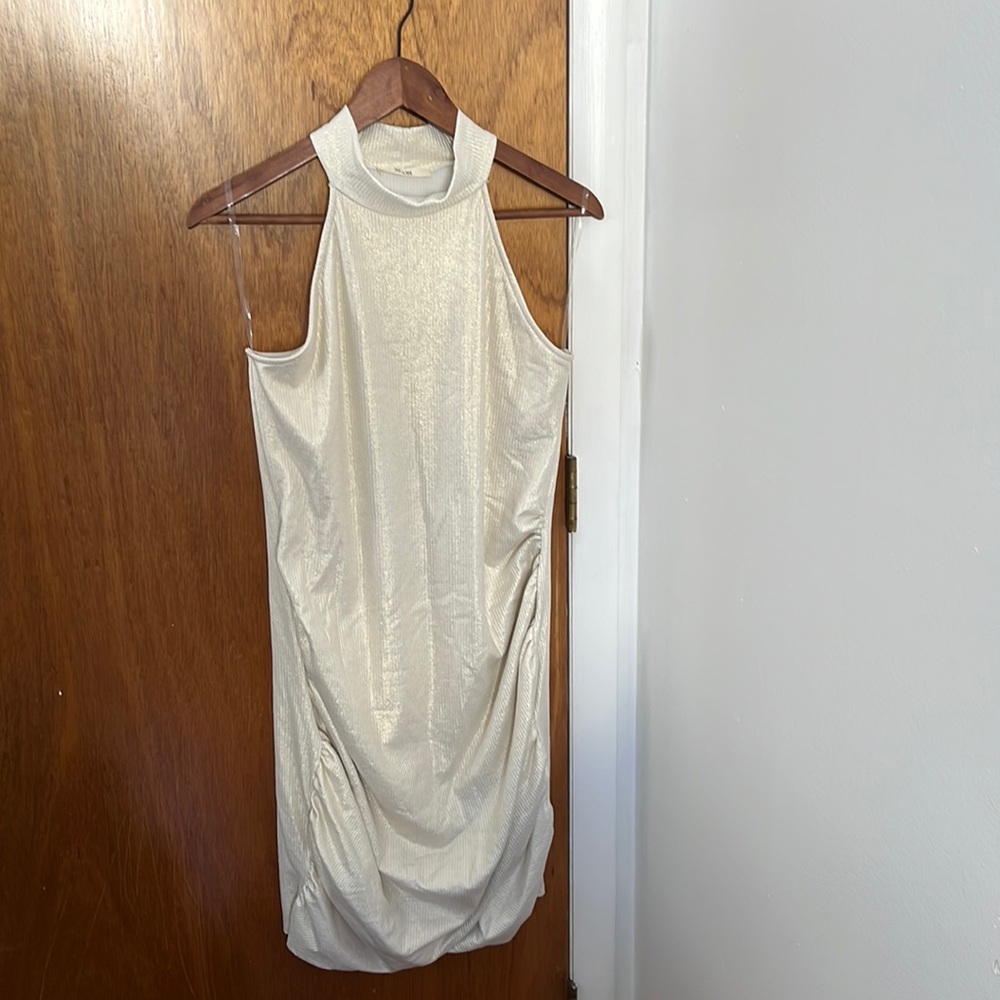 Jade by Jane Boutique Brand White Bodycon MIDI Dress with gold shimmer.